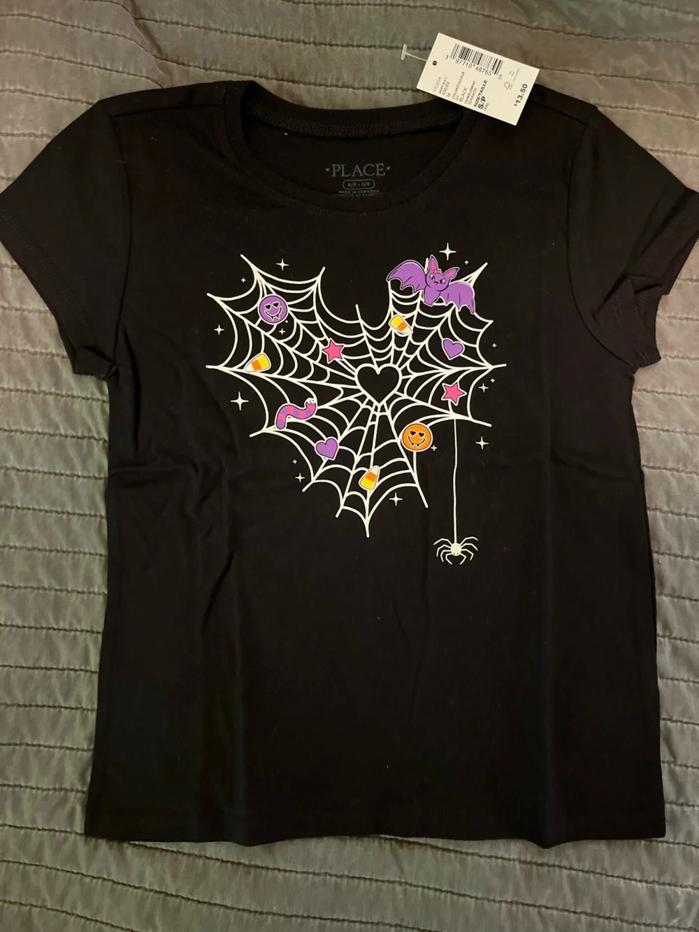 The Children's Place Black Short Sleeve Halloween Spiderweb Tee with Purple Bat